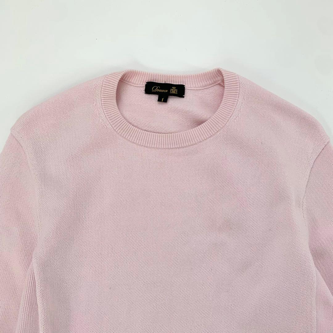 ドゥロワー 12Gインレイ編みリブクルーネック　ニット　ピンク　ロゴ刺繍