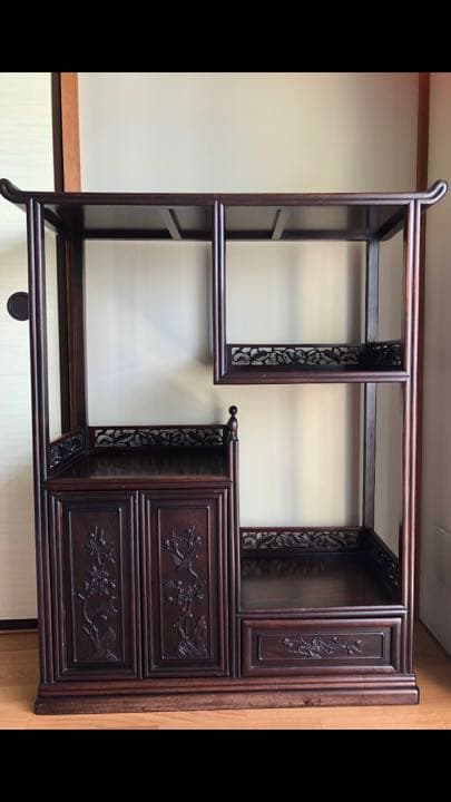 【美品】紫檀家具　清代紫檀茶箪笥 透かし彫り飾り棚 古董品