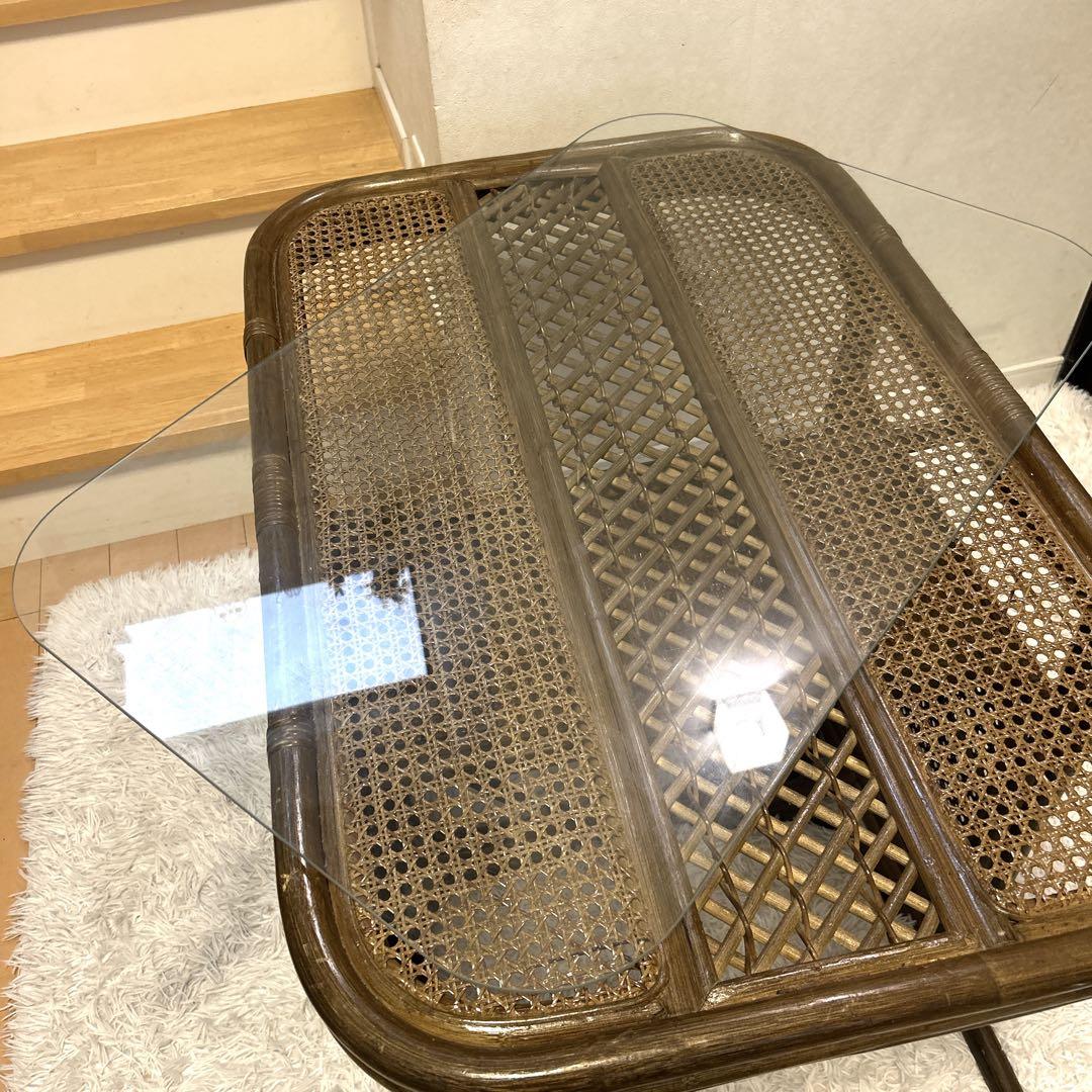 ラタン　テーブル　ガラス　昭和レトロ　アジアンテイスト　送料無料