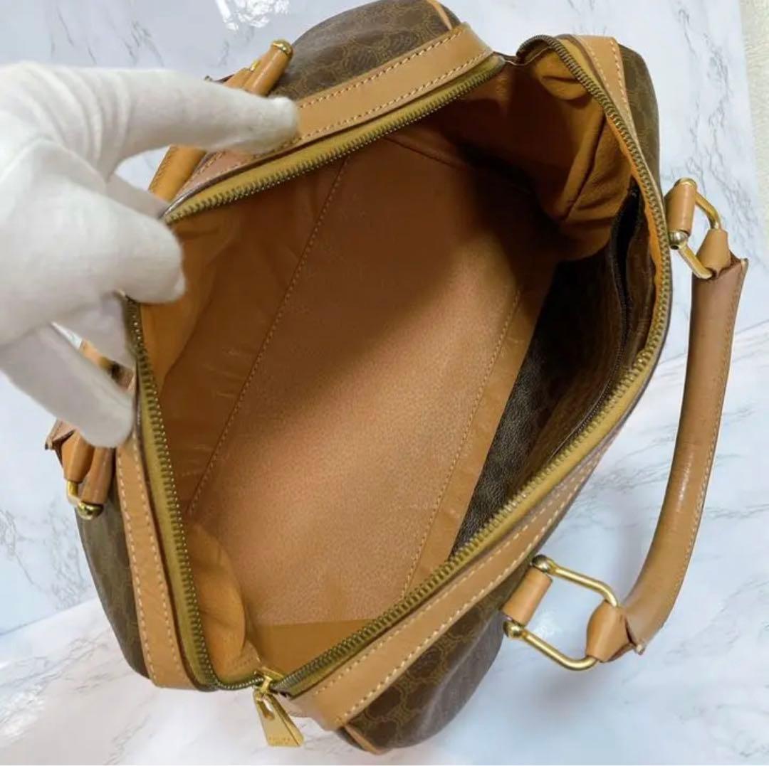 【良品】セリーヌ マカダム柄 ミニボストン ハンドバッグ レザー ブラウン