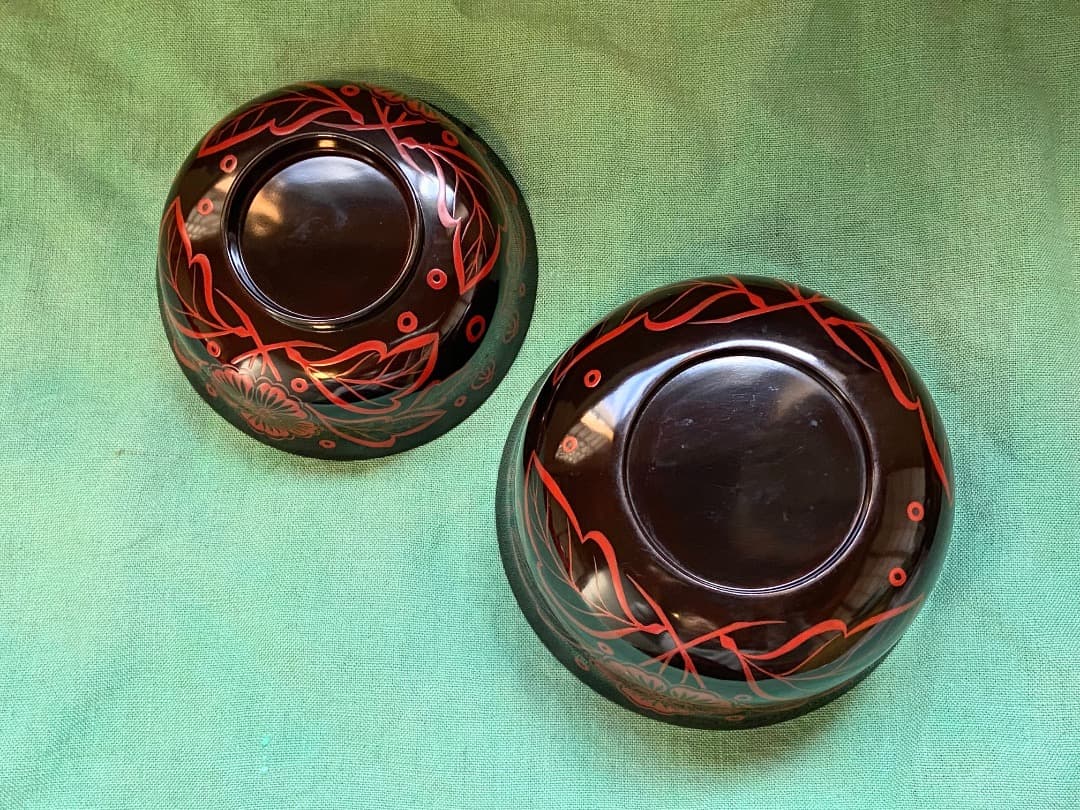 能登蔵出し 時代物 吉野塗 扶養手 蓋付 大椀 2客セット /漆器椀 懐石 正月