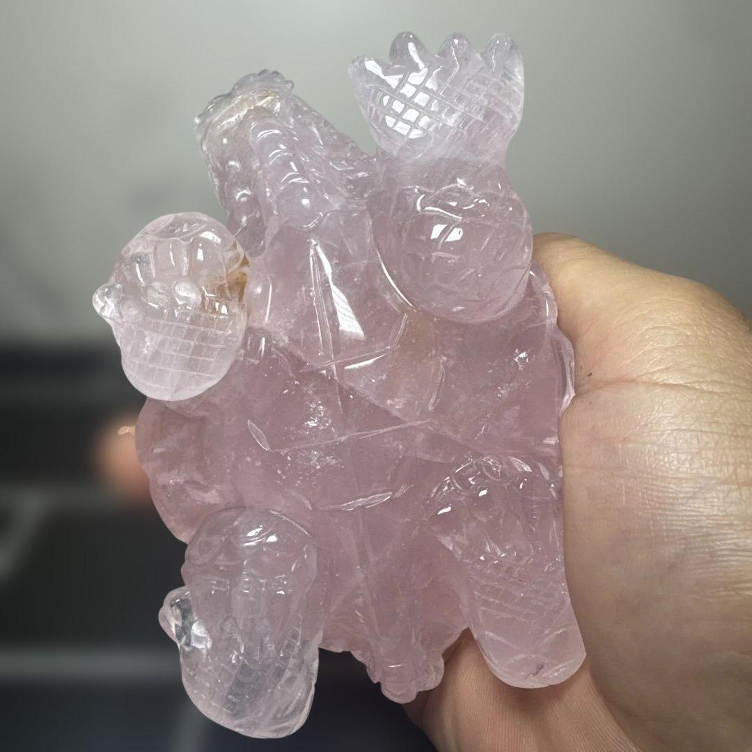 【高品質】ローズクォーツ 龍亀 彫刻 置物 縦6.5cm 横12.5cm 台座付