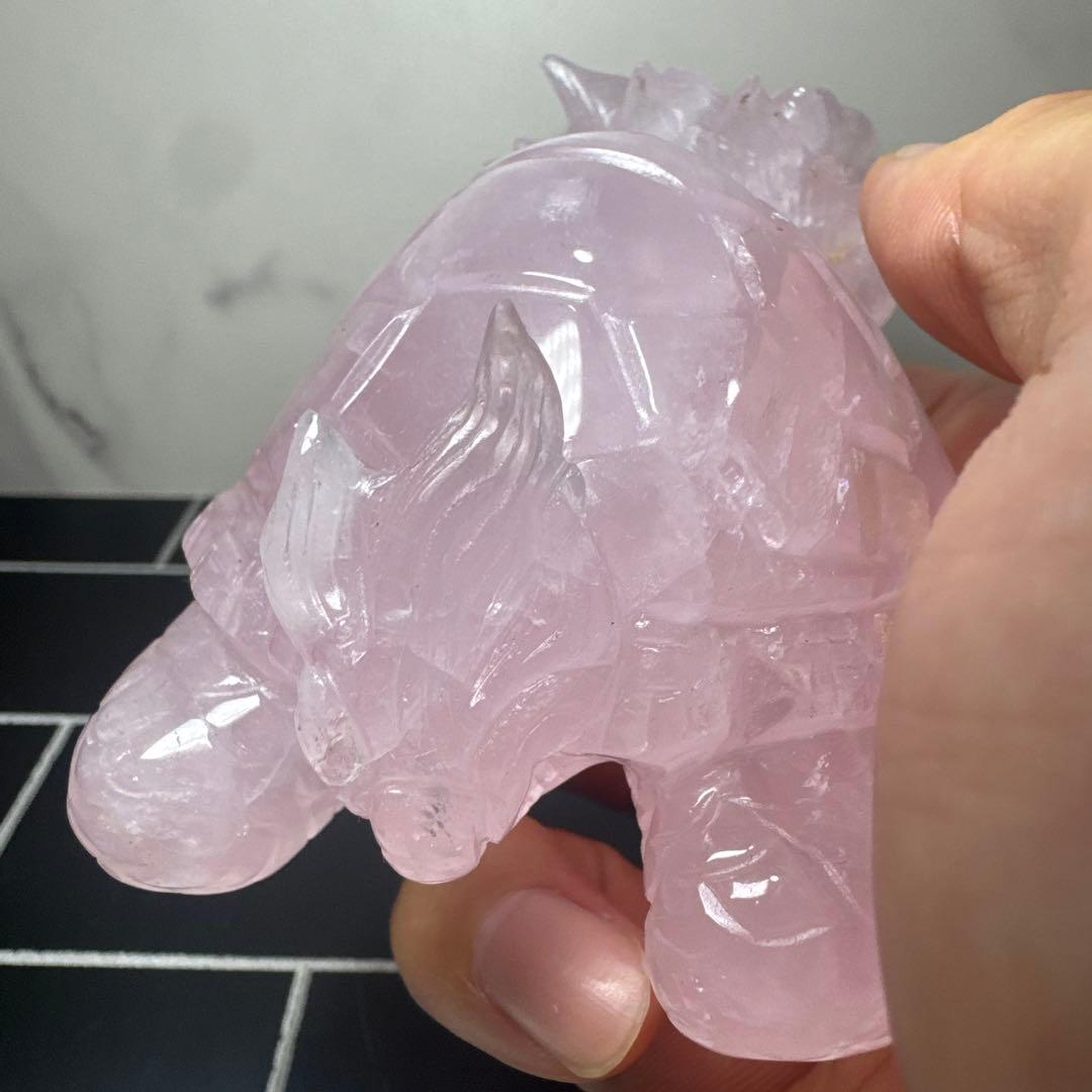 【高品質】ローズクォーツ 龍亀 彫刻 置物 縦6.5cm 横12.5cm 台座付