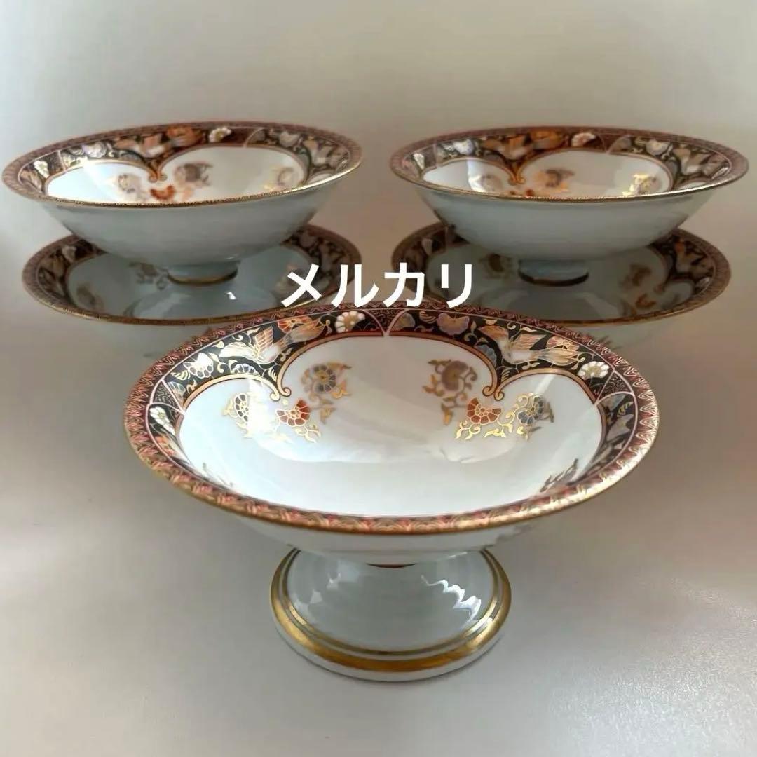 有田焼　其泉　金彩　黒外濃金海松鳳凰文 高台　5鉢揃い　コンポート皿　お祝い