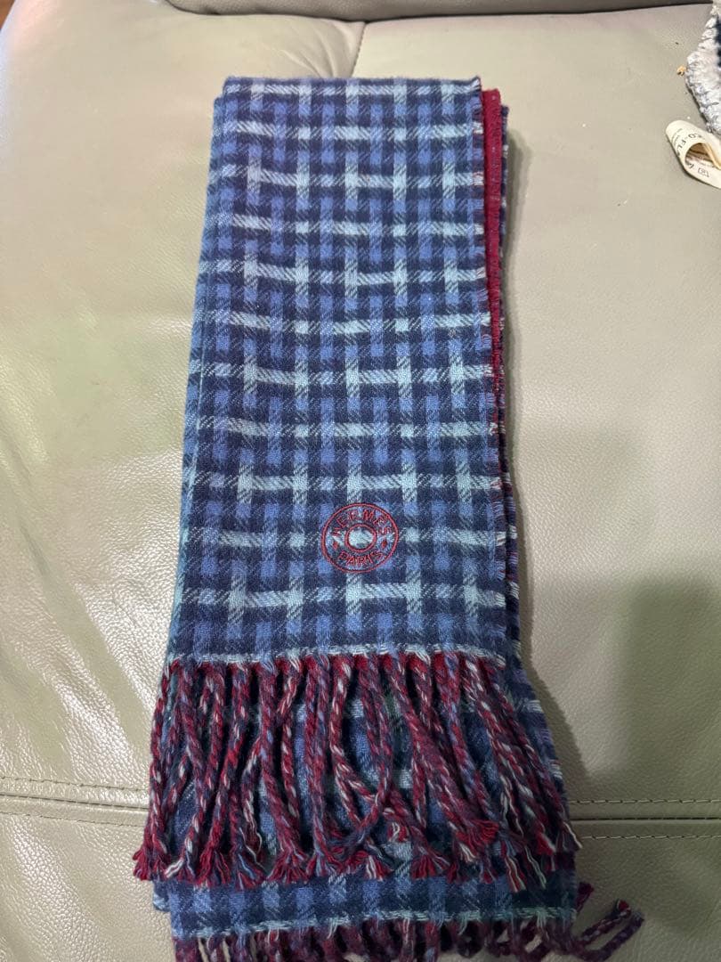 HERMES エルメス ロゴ刺繍 マフラー カシミヤ混 ブルー/レッド