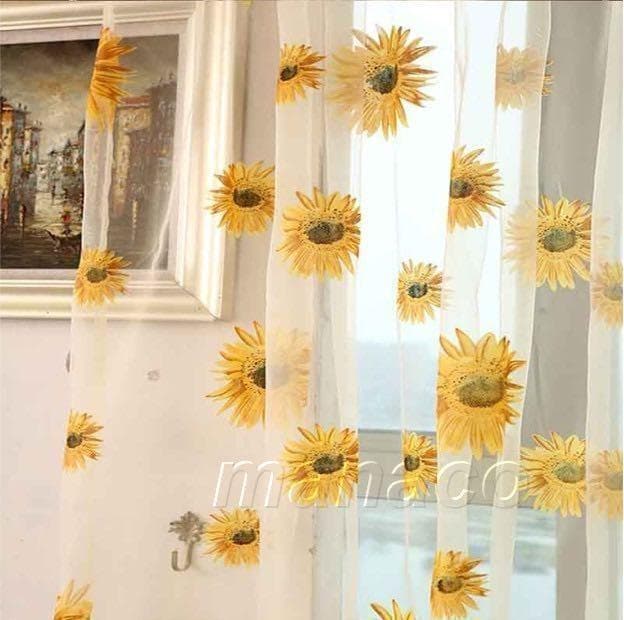 加工ひまわり＆ブルー ホワイト 洗濯可 ミラー レース のれん突っ張り棒