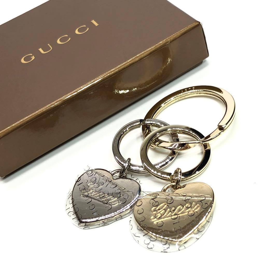 未使用✨希少 箱付 グッチ ダブルハート ゴールド×シルバー キーリング