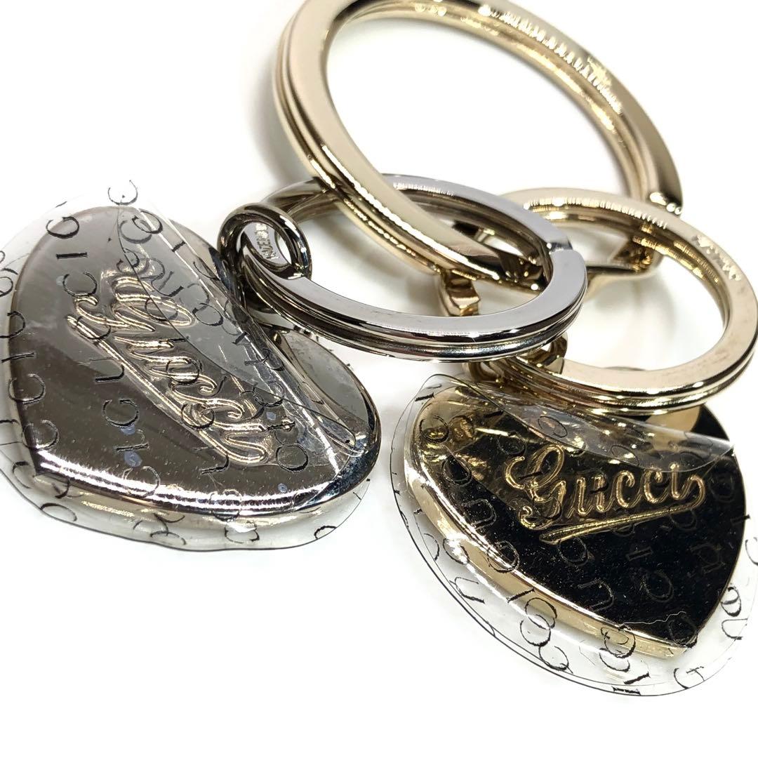 未使用✨希少 箱付 グッチ ダブルハート ゴールド×シルバー キーリング