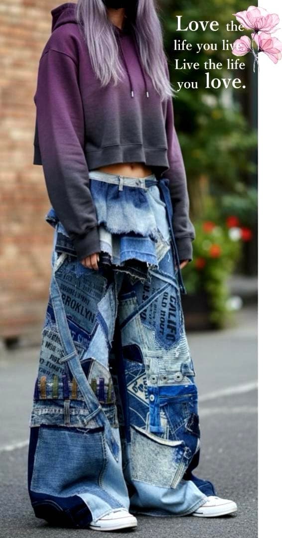 週末セール！デニムパッチワーク☆ワイドパンツxフリルスカート☆セットアップ