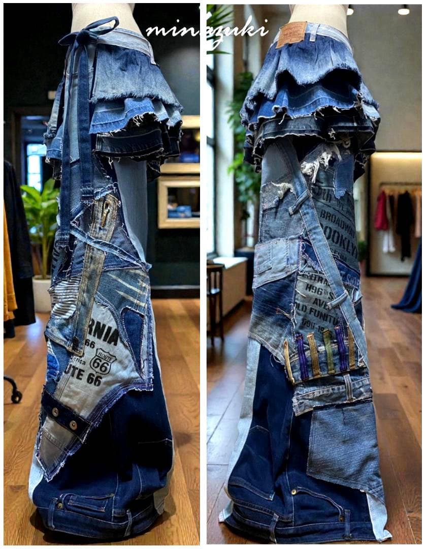 週末セール！デニムパッチワーク☆ワイドパンツxフリルスカート☆セットアップ