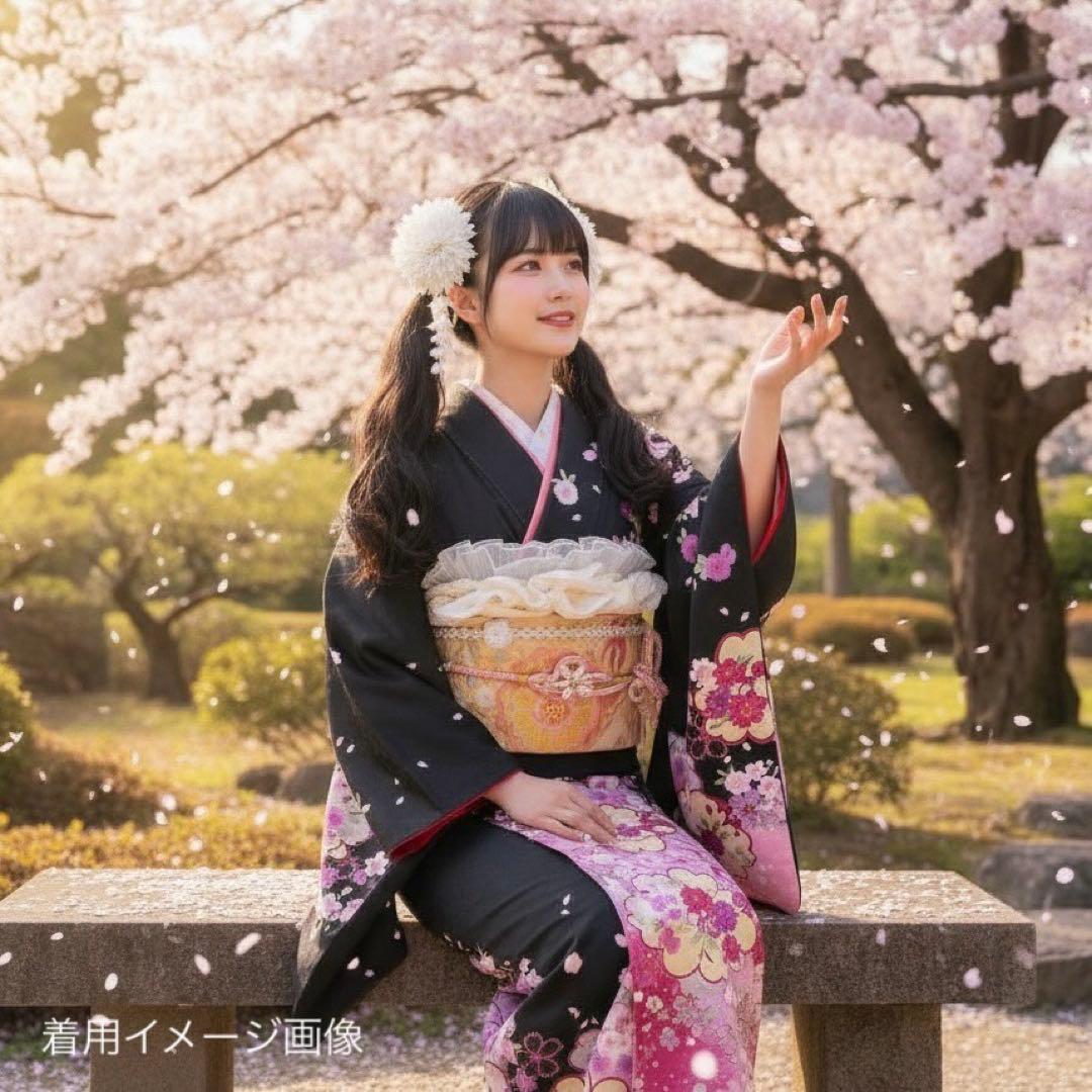 逸品 振袖7点フルセット 金駒刺繍 成人式 謝恩会　卒業式　黒地　ピンク