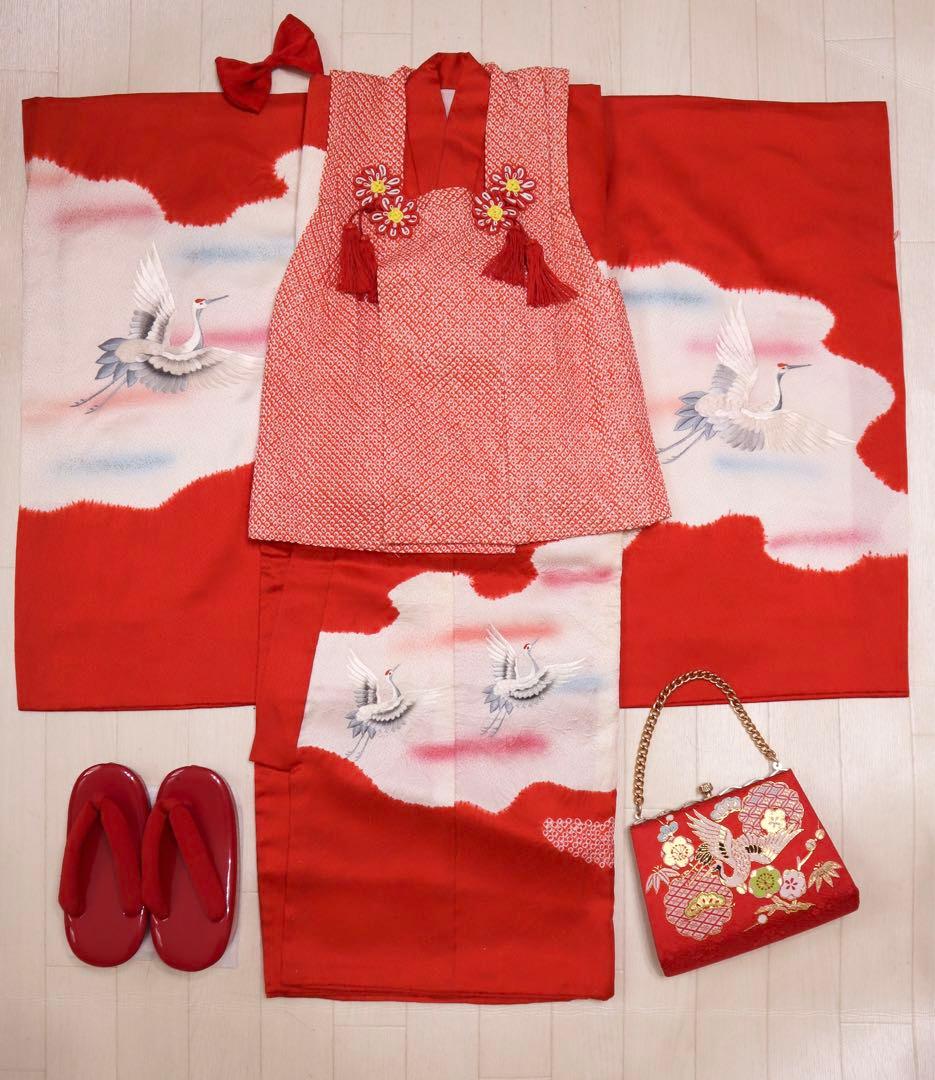 美品　正絹　総絞り　鶴　七五三　３歳　被布　セット　刺繍　産着