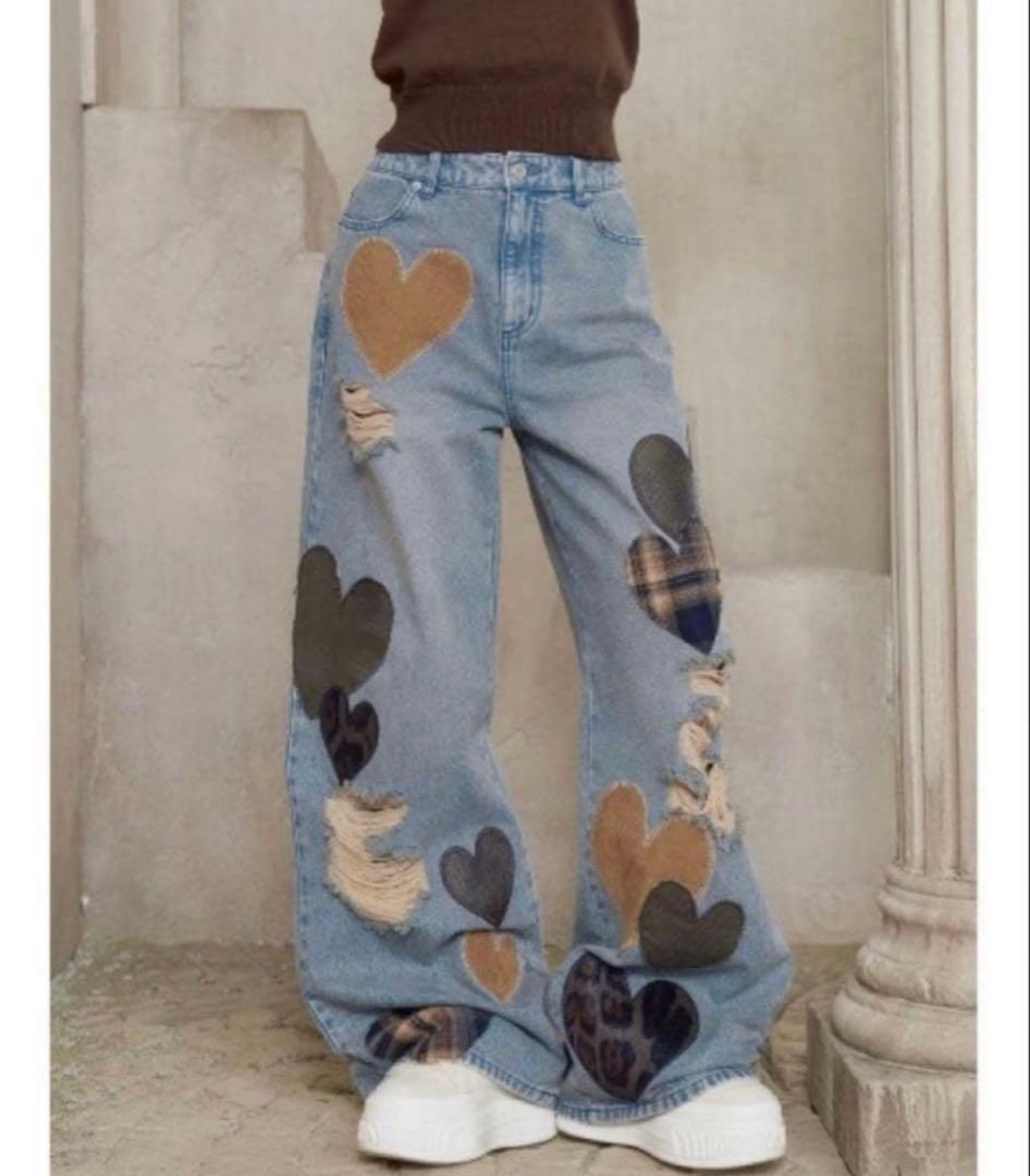 ♥☆。.:＊・゜、ダーリッチランダムハートパッチワークデニムパンツ S