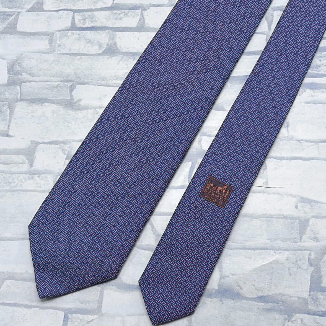 HERMES H柄 エルメス ネイビー 幾何学模様 シルクネクタイ
