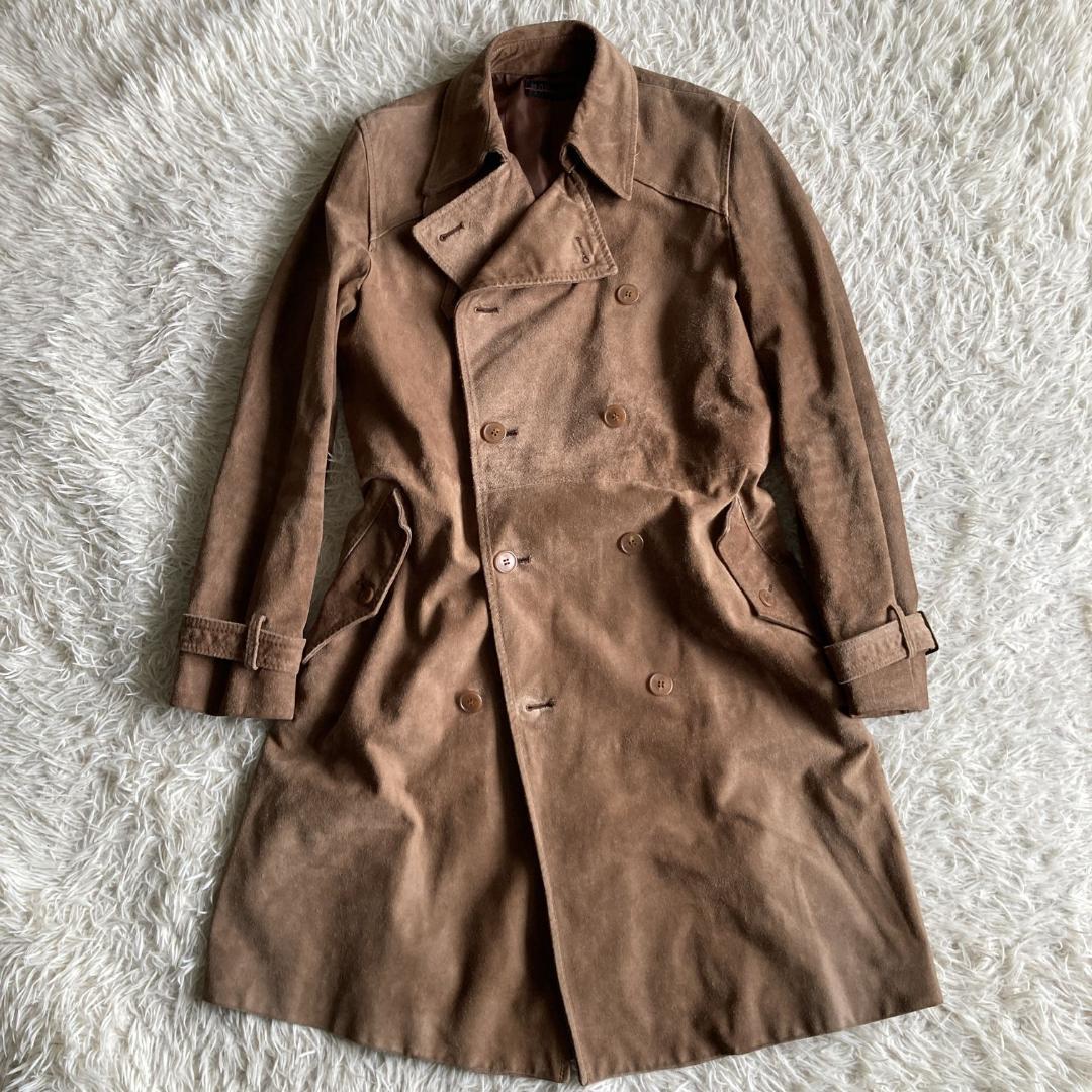 【牛革　Ｌサイズ】モルガンオム　レザートレンチコート　ベルト付き　ブラウン