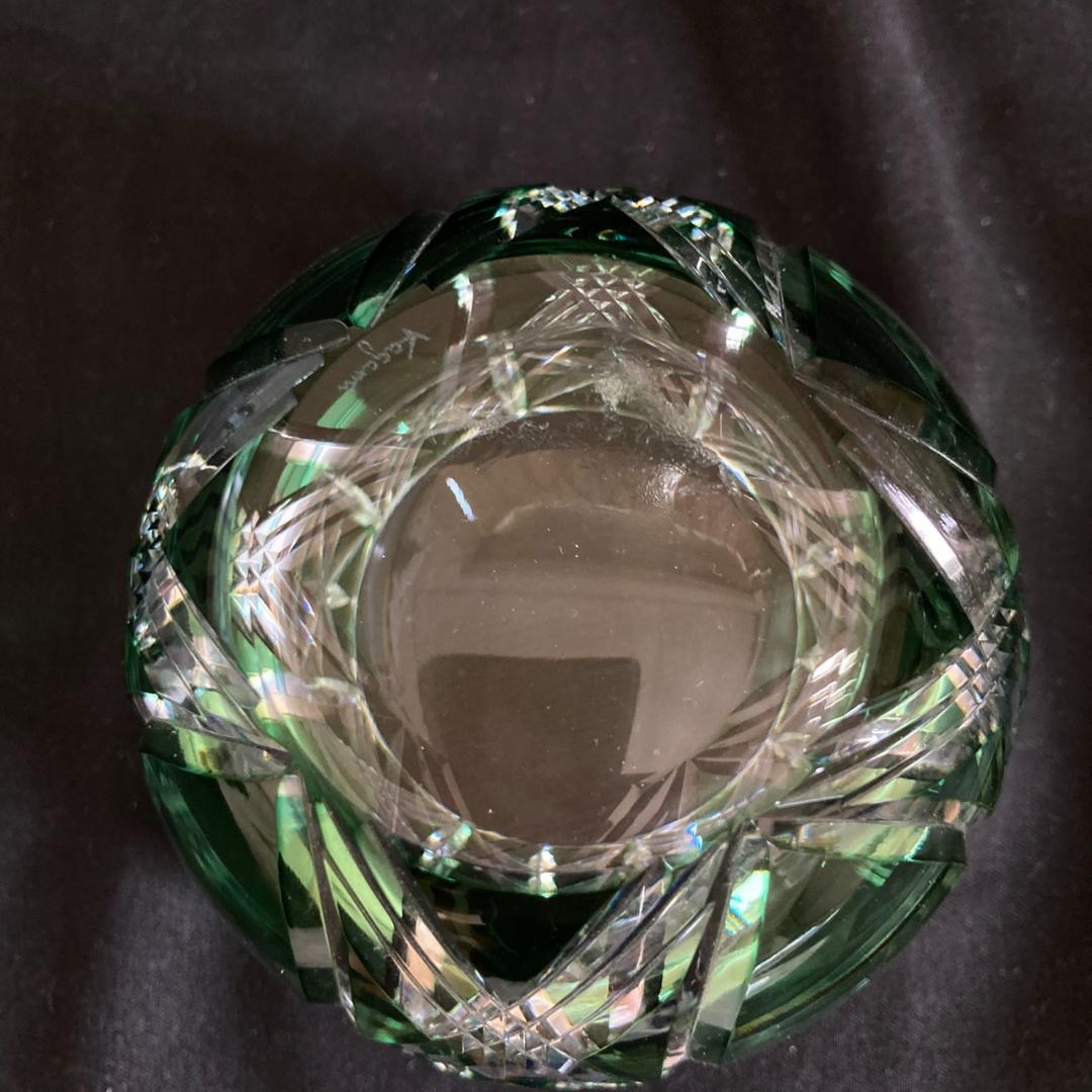 【未使用　箱付】カガミクリスタル 江戸切子 蓋物 緑 菓子入れ　小物入れ 小鉢