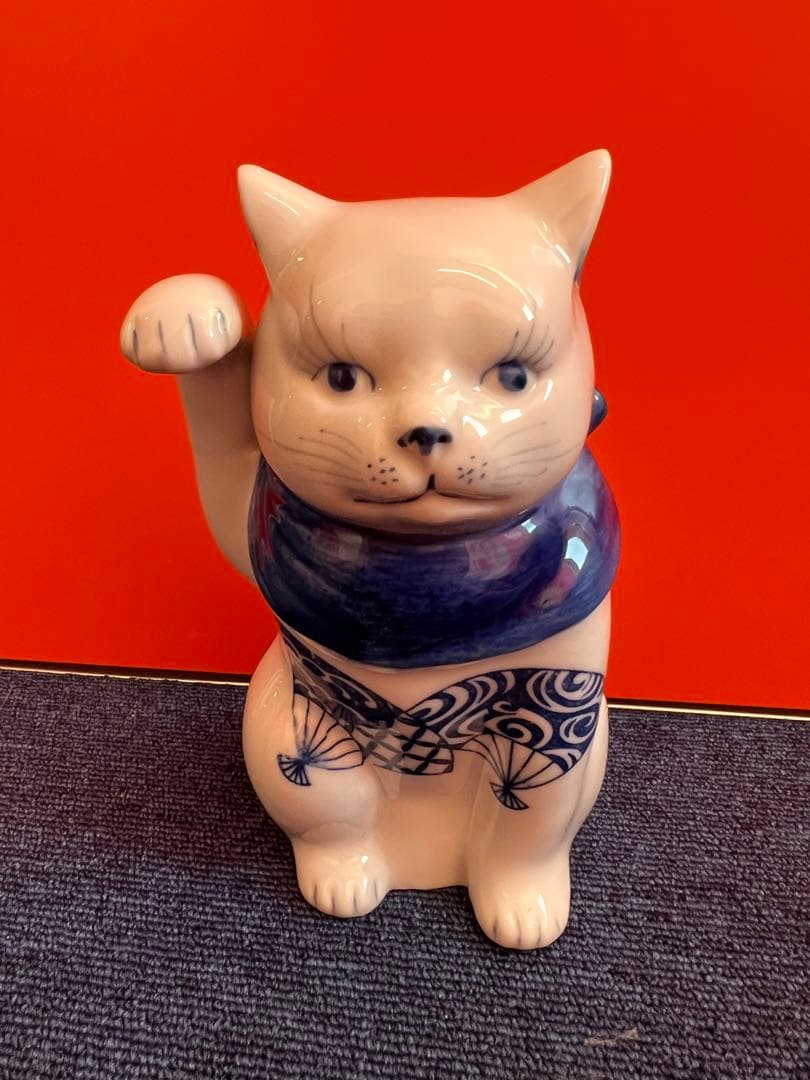 1273  九谷焼　角福　染付扇文　招き猫　時代物