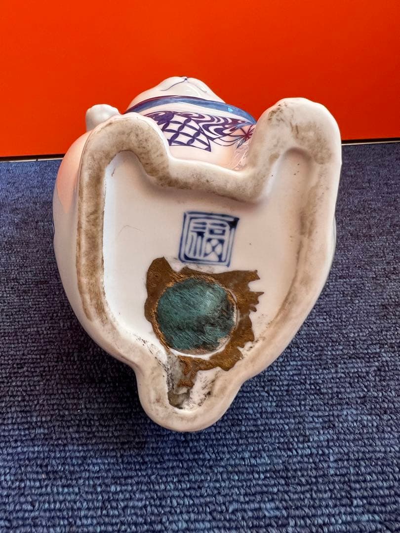 1273  九谷焼　角福　染付扇文　招き猫　時代物