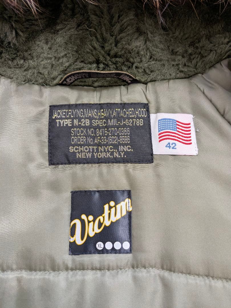 Schott×VICTIM ヴィクティムコラボ N2-B オリーブ 42 XL