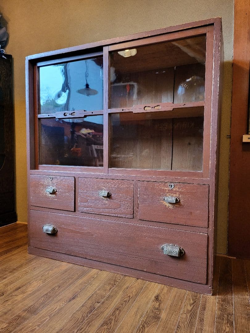 ガラス戸棚　引き出し　4杯　ゆらゆらガラス　古道具　アンティーク