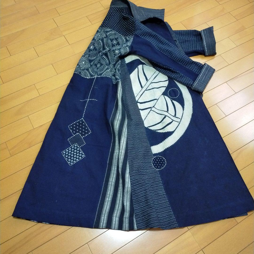 古布リメイク　筒描き、型染、縞木綿久留米絣からロングコート　　お値下げしました