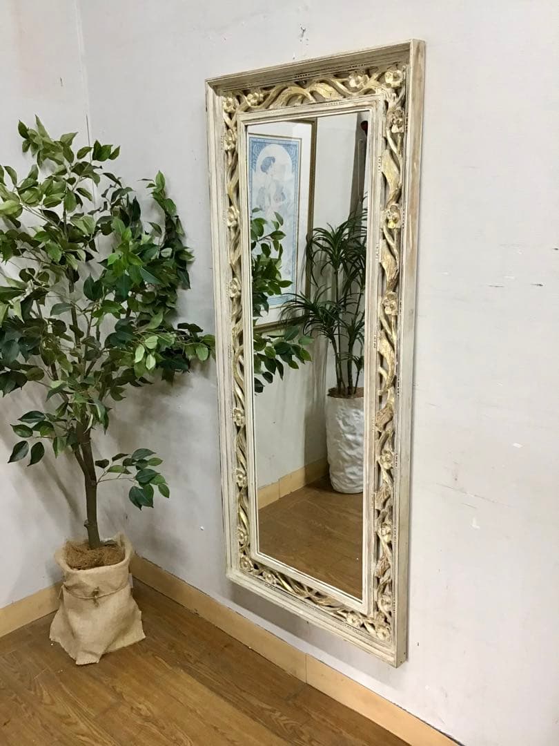 管306☆イタリア製☆木製手彫り彫刻☆アンティーク☆ウォールミラー☆大型鏡☆姿見