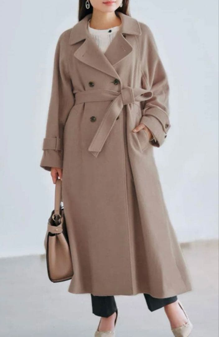 コヒナ バックフレアウールコート ベルト ロング ダブル ベルテッド Aライン