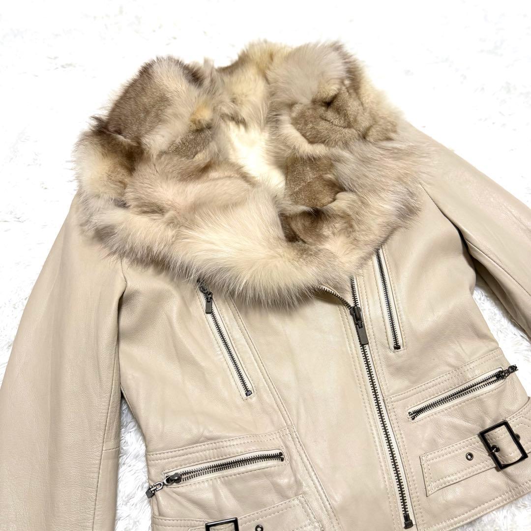 フォックスファー レザー ライダース ジャケット ホワイト イタリア製