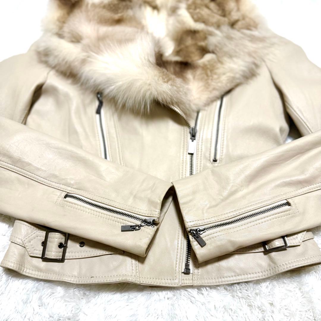 フォックスファー レザー ライダース ジャケット ホワイト イタリア製