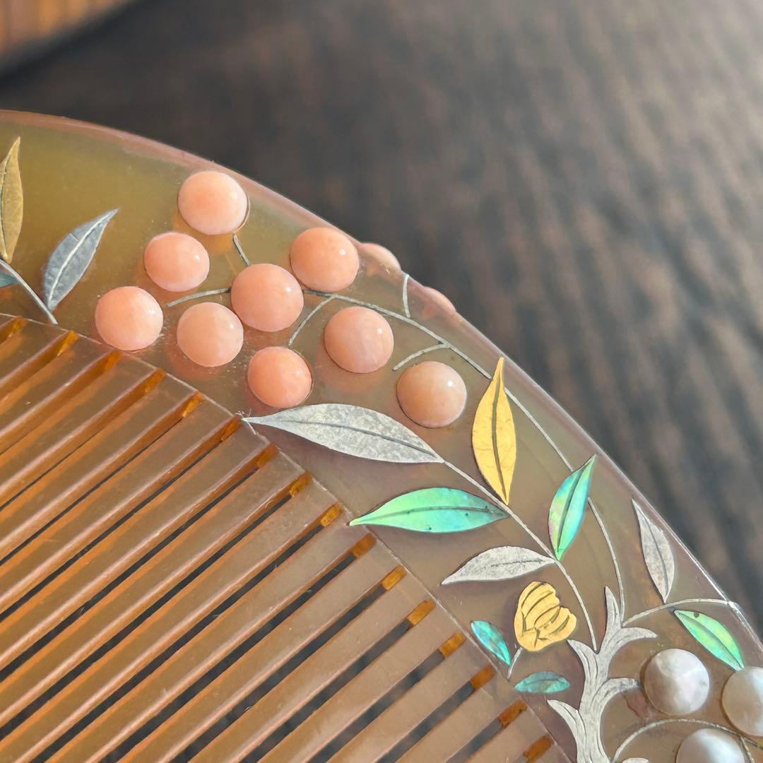 アンティーク　白甲に螺鈿さんご真珠　春風作　かんざし笄セット