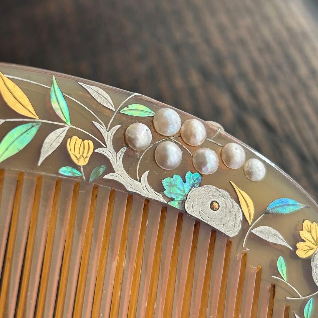 アンティーク　白甲に螺鈿さんご真珠　春風作　かんざし笄セット