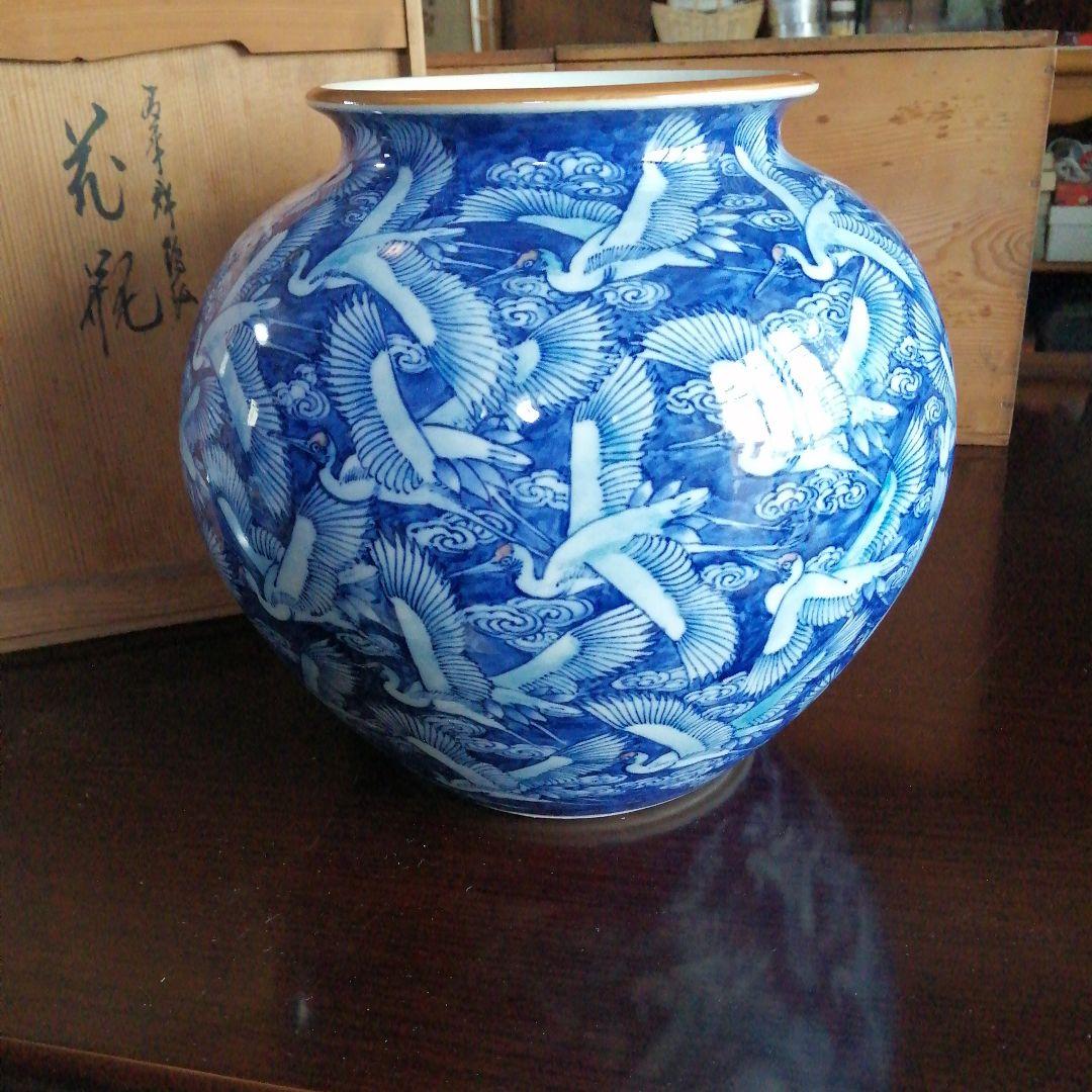 瀬戸焼　河本礫亭　染付千羽鶴紋花瓶　29cm