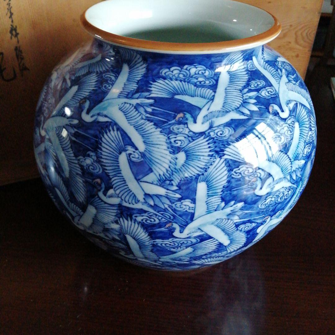 瀬戸焼　河本礫亭　染付千羽鶴紋花瓶　29cm