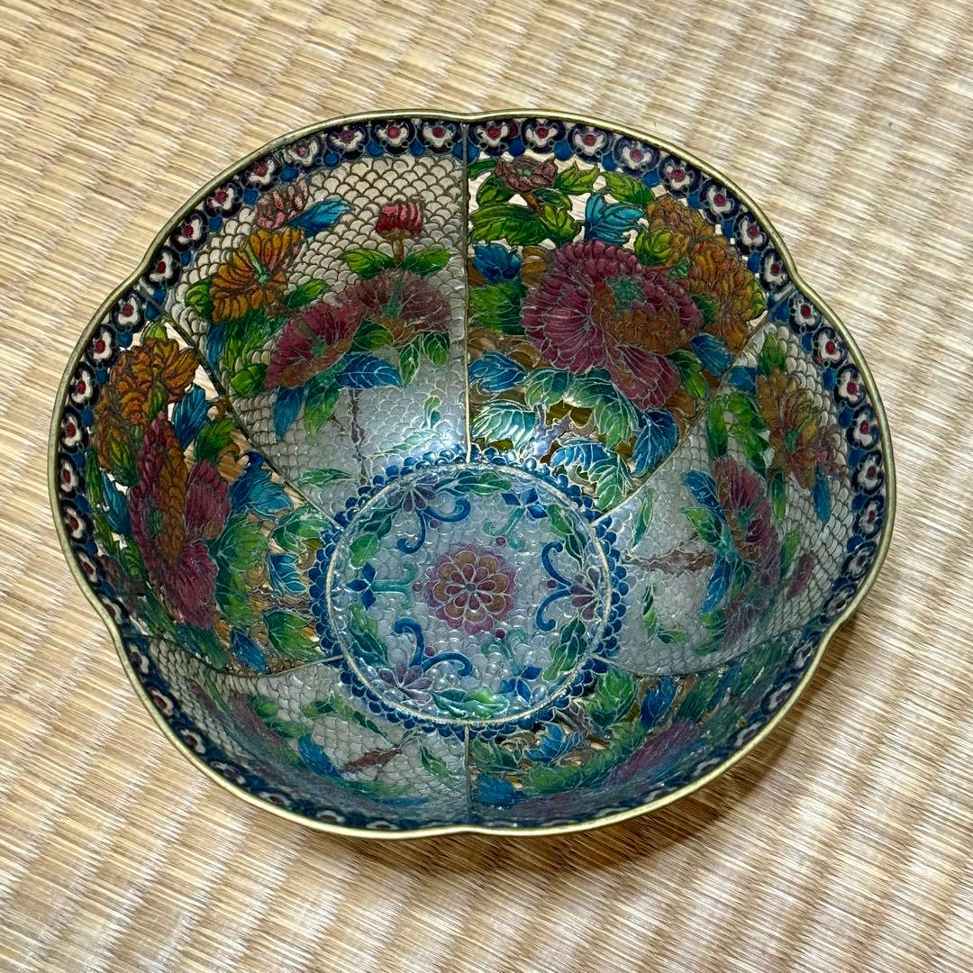 中国古玩　唐物　透かし透胎七宝花文鉢　菓子器　銅線七宝