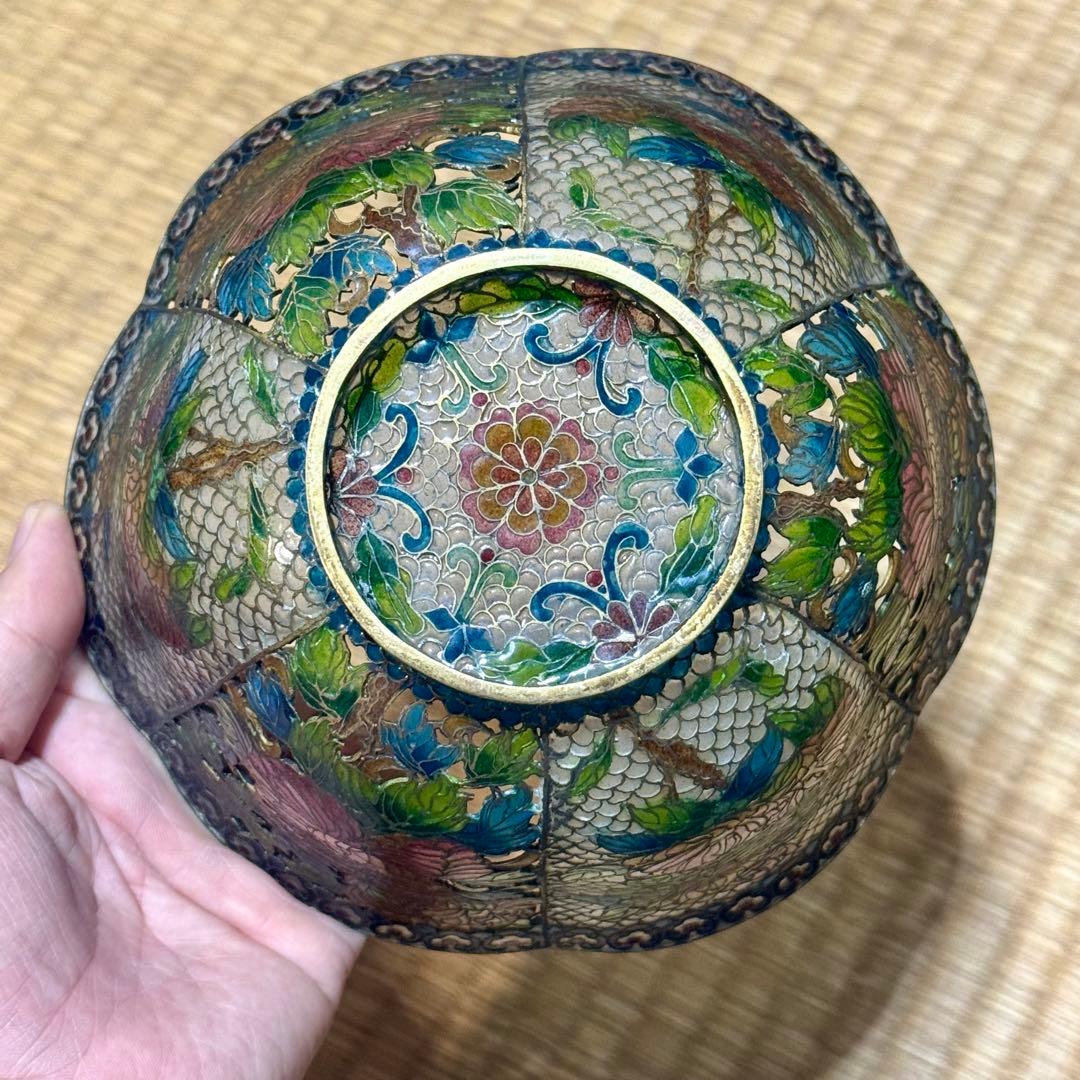 中国古玩　唐物　透かし透胎七宝花文鉢　菓子器　銅線七宝