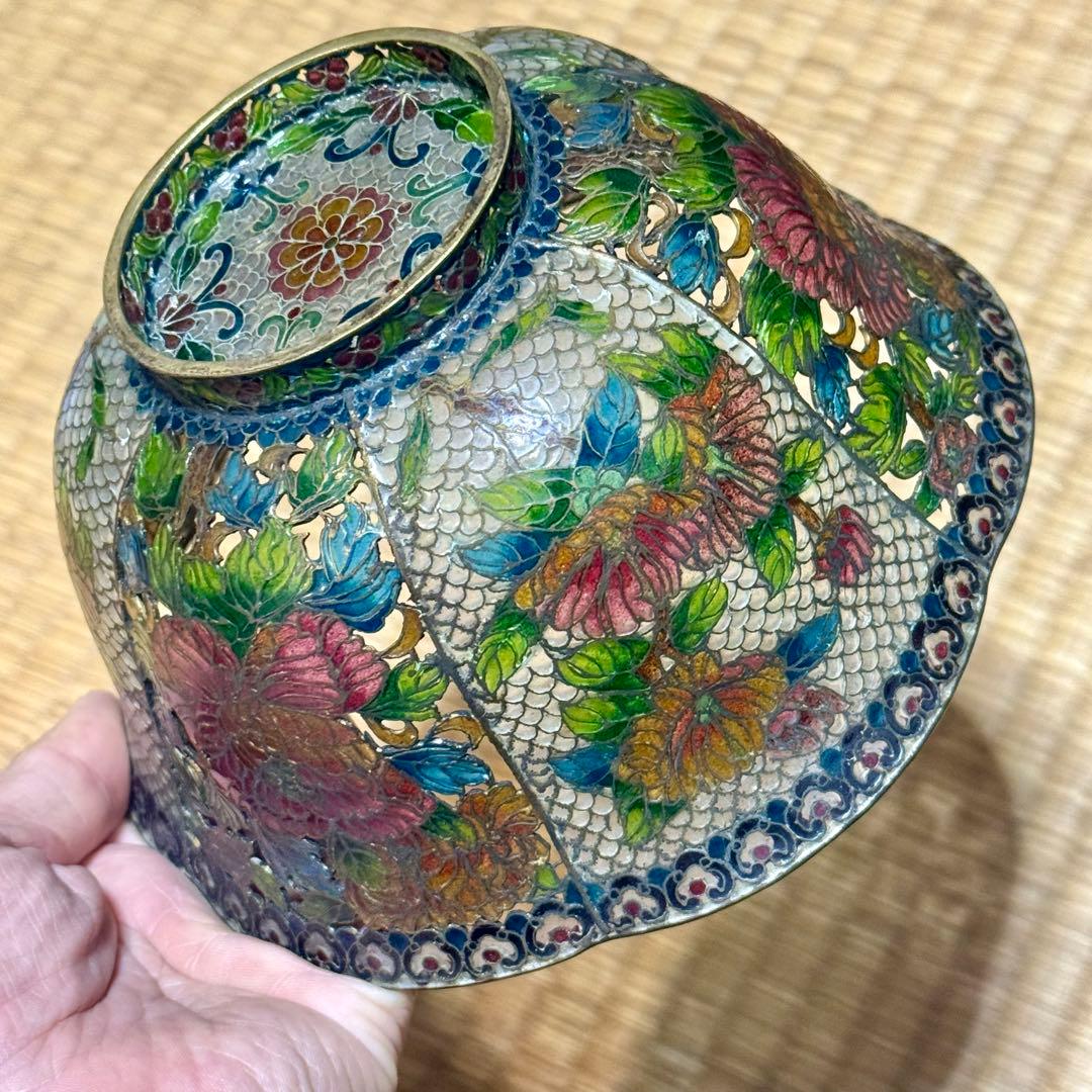 中国古玩　唐物　透かし透胎七宝花文鉢　菓子器　銅線七宝
