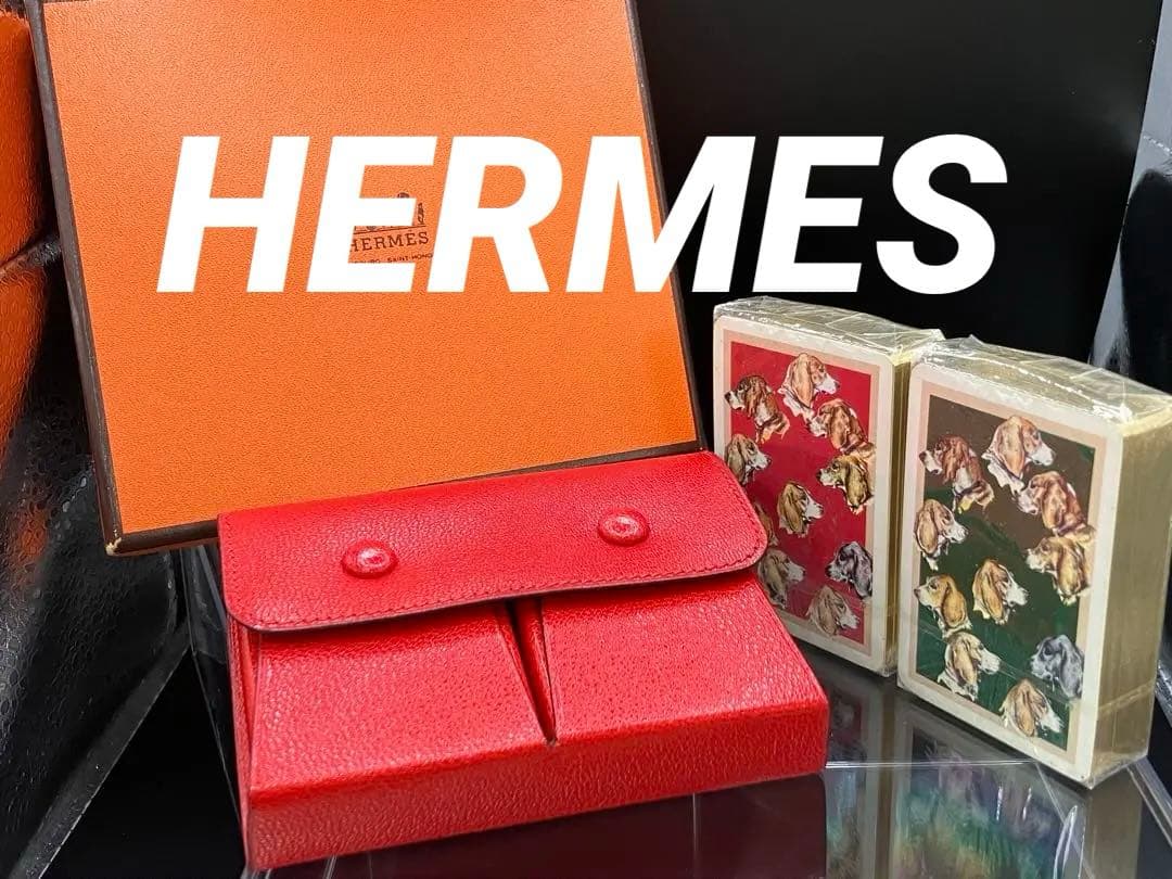 美品/エルメス ドッグプリント ミニ トランプ レザーケース レッド 未使用品