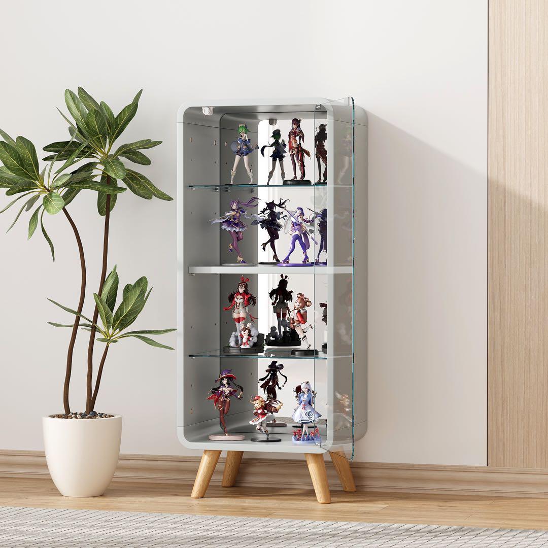 【新品】高さ調節可能 4段ガラス収納ケース 背面ミラー付 グレー 幅36cm