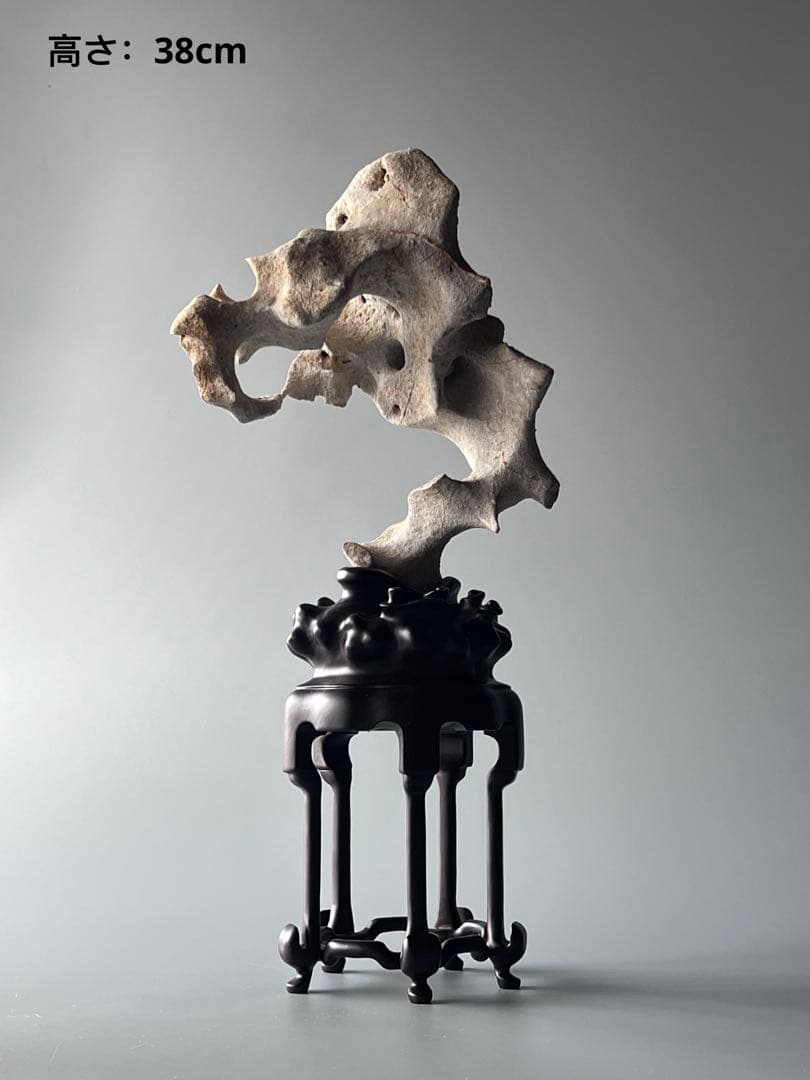 「清影」　天然石　太湖石　玲瓏石　鑑賞石　飾り石　中国美術　置物　水石　黑檀台座