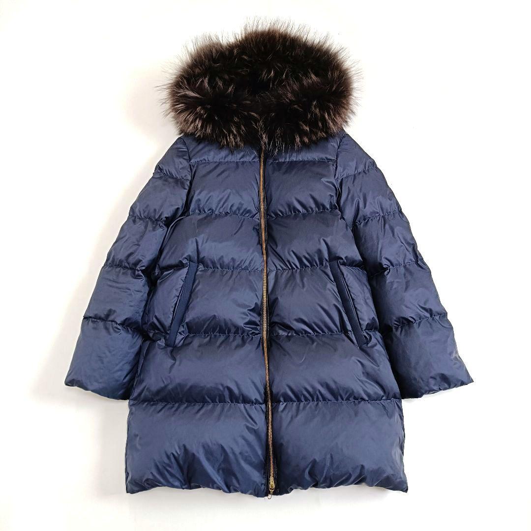 【美品】ナノユニバース 西川ダウン リアルファー ロング 38 ネイビー
