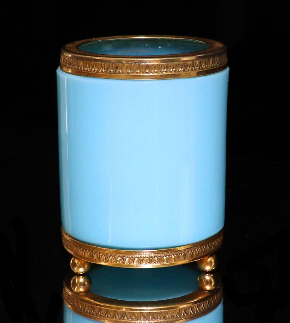 オールド・バカラ激レア ブロンズ装飾オパーリンクリスタル製小物入れブルーペン立て