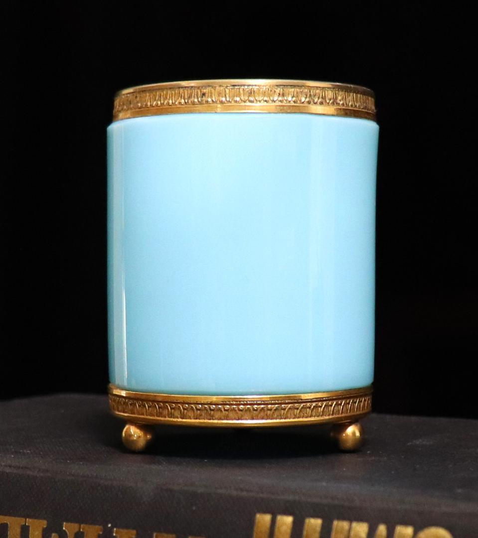 オールド・バカラ激レア ブロンズ装飾オパーリンクリスタル製小物入れブルーペン立て