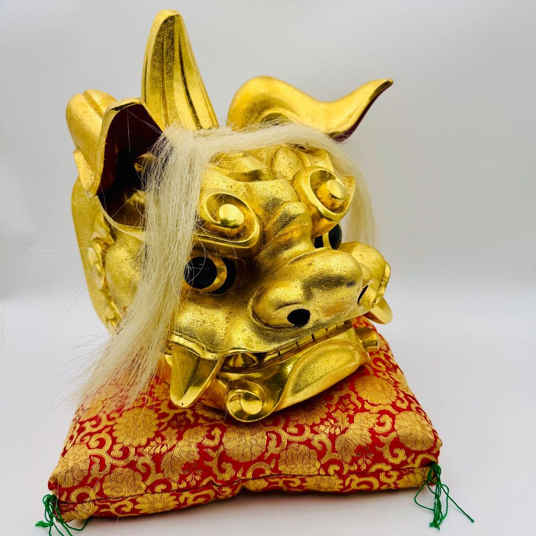 【木彫　瑞宝造　獅子頭　神具　縁起物　祭】邪気払い　骨董　アンティーク　共箱