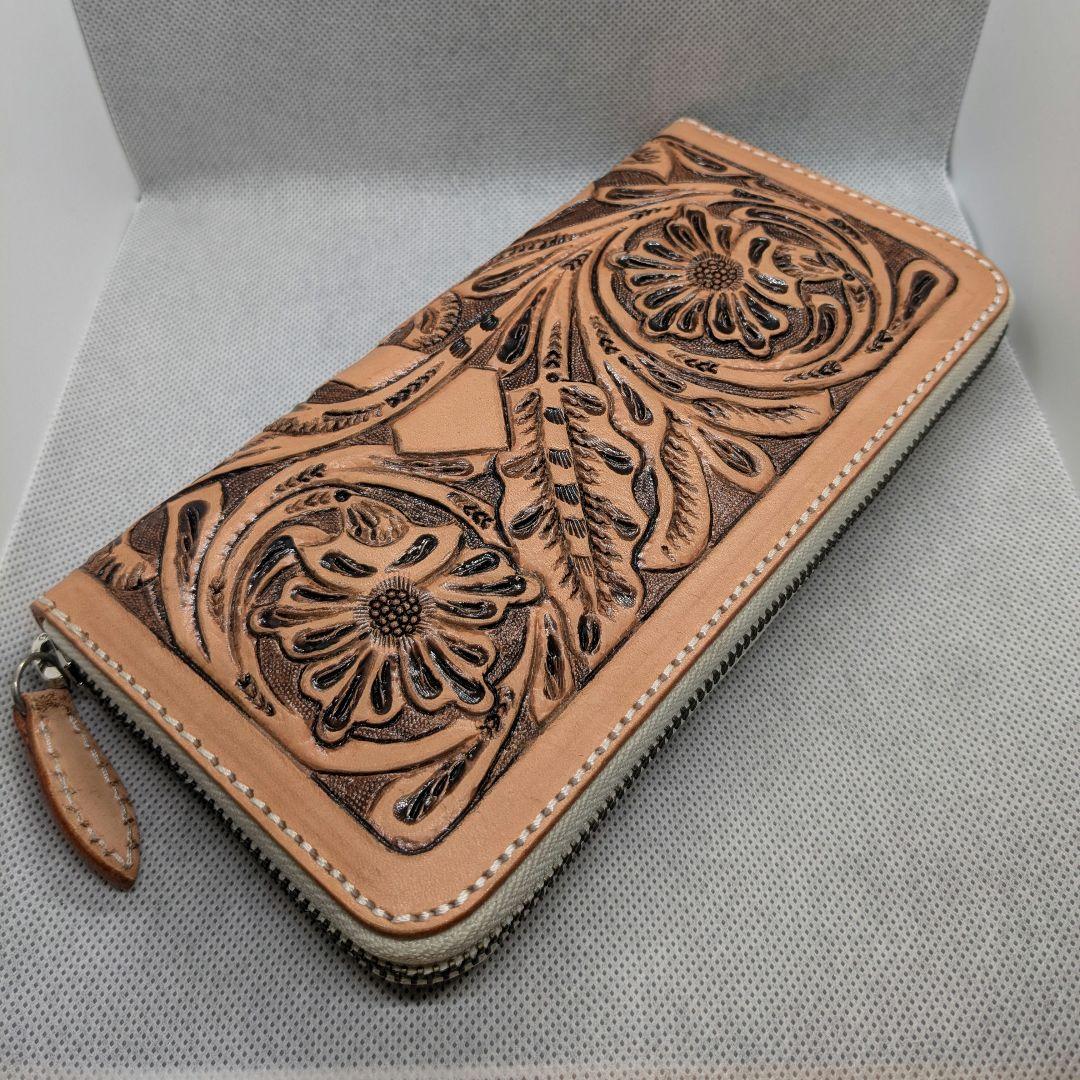 新品ハンドメイド　レザーカービング　ロングウォレット 長財布 ラウンドファスナー