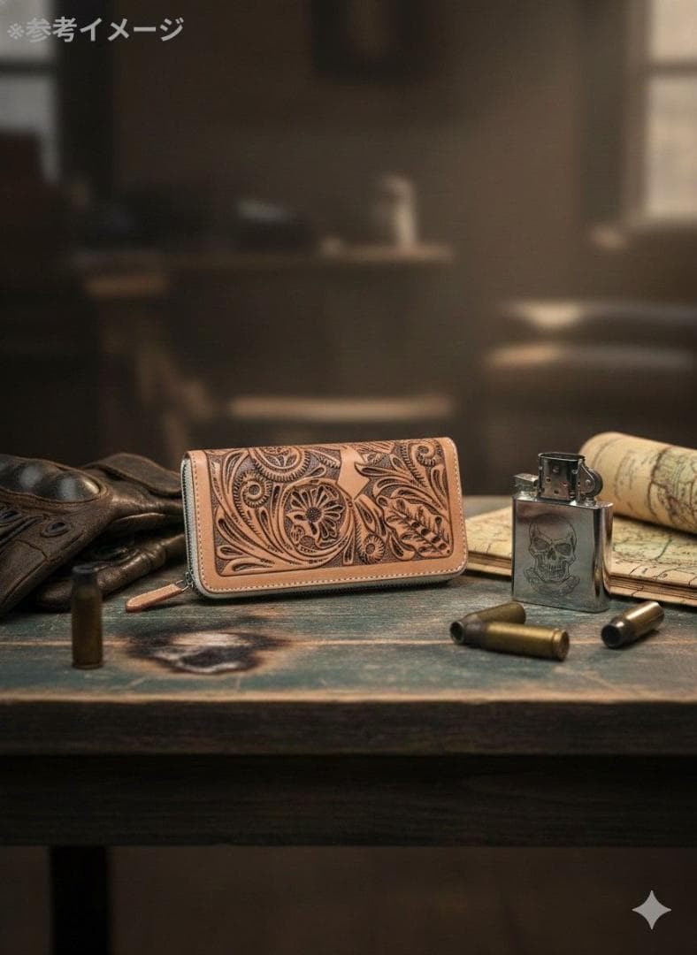 新品ハンドメイド　レザーカービング　ロングウォレット 長財布 ラウンドファスナー