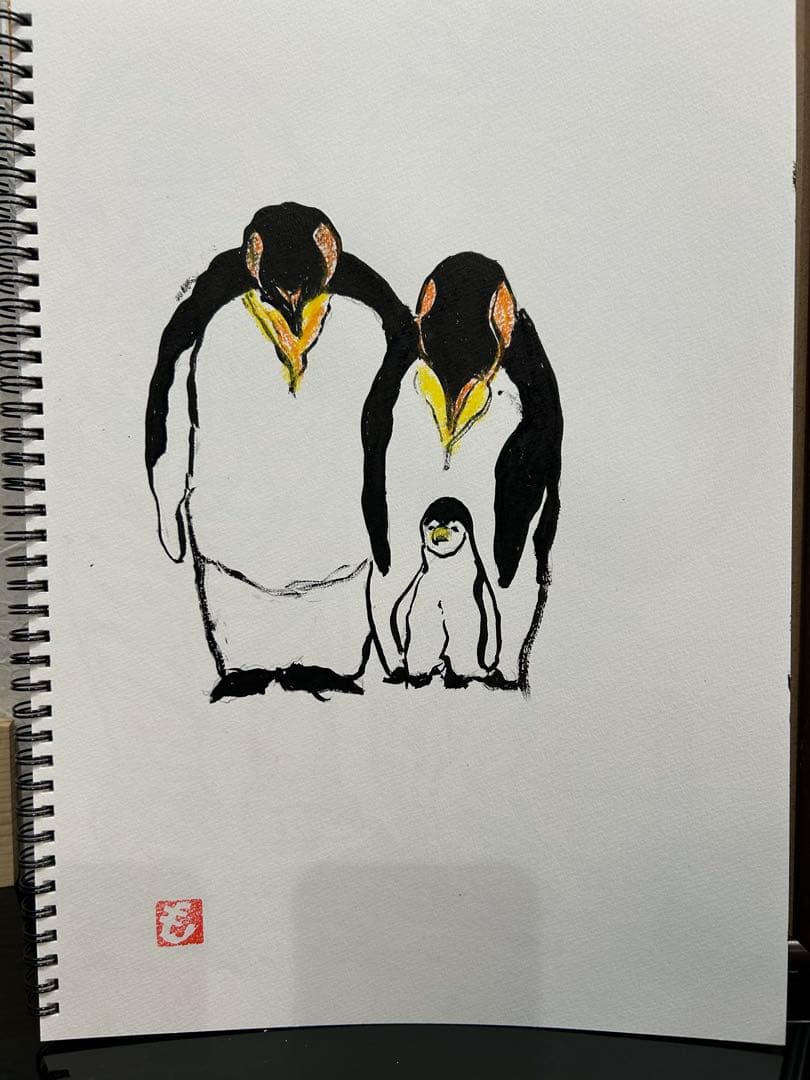 ペンギン親子の水彩画 B4