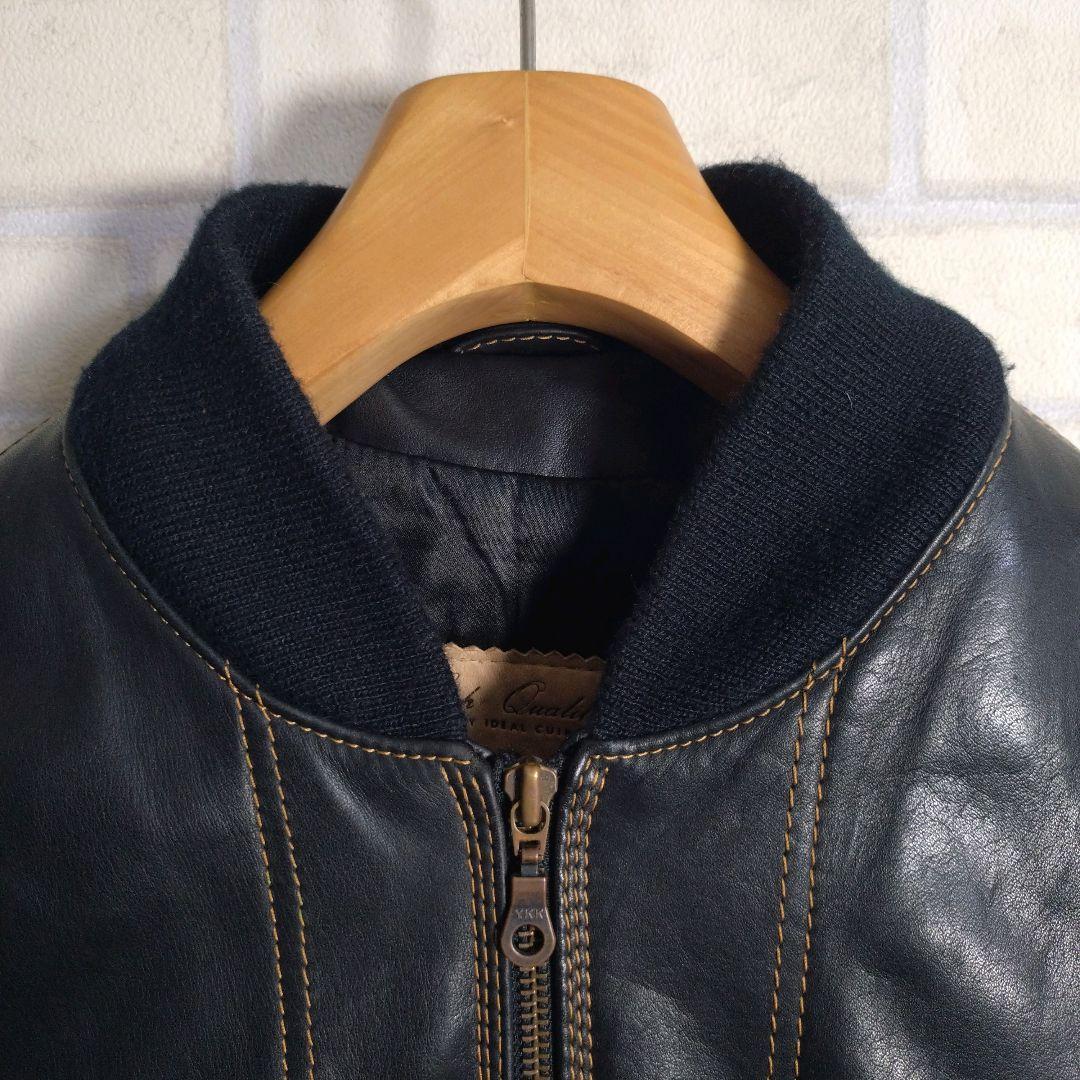 ヴィンテージ★総ステッチ リアルレザー 牛革 レザージャケット ネイビー M相当