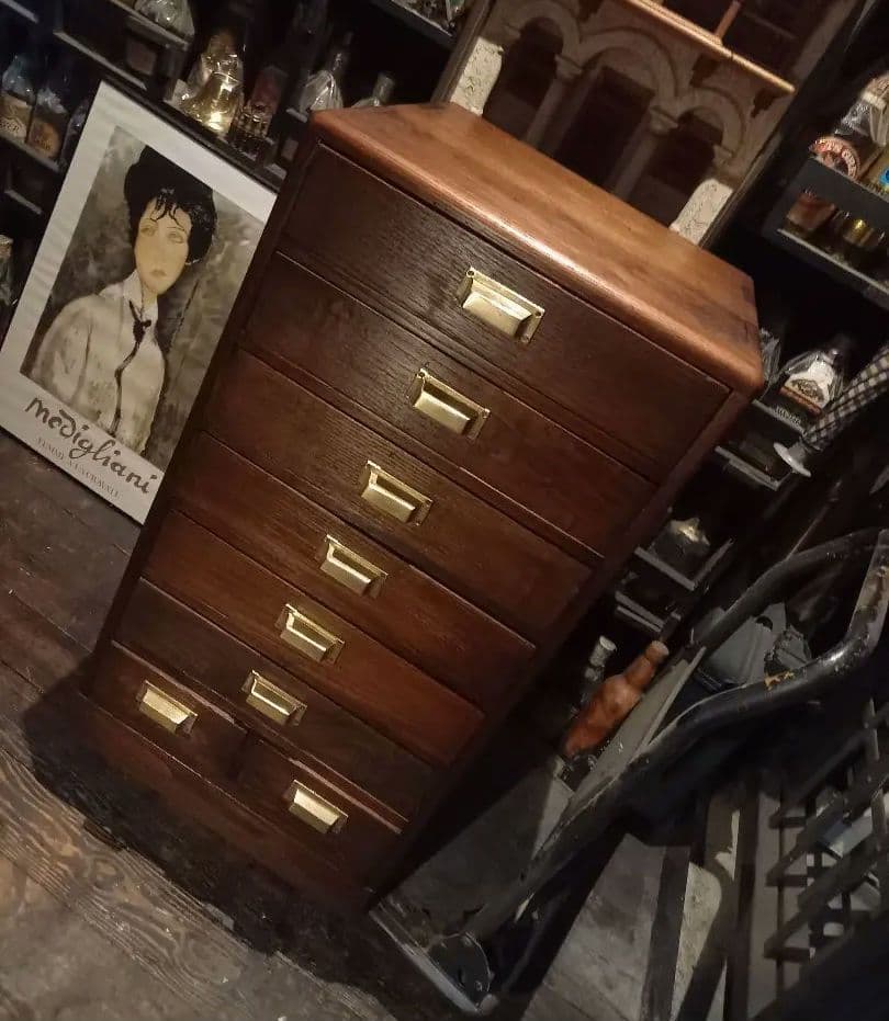 1950's　ヴィンテージ　ドロワー　欅　無垢材　継ぎ組み　細工　真鍮　金具