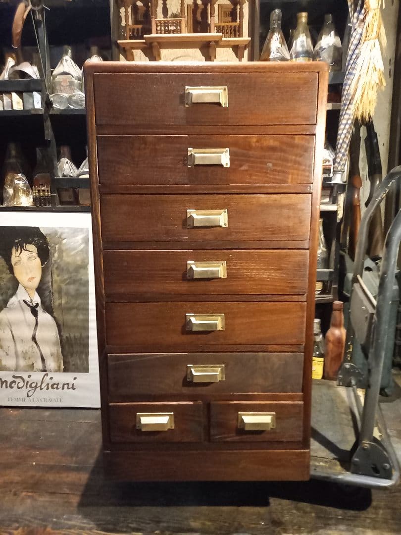 1950's　ヴィンテージ　ドロワー　欅　無垢材　継ぎ組み　細工　真鍮　金具