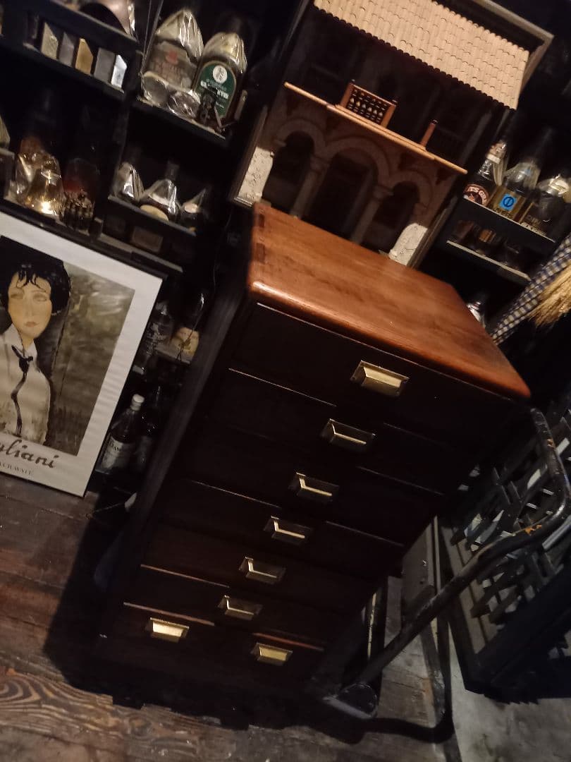 1950's　ヴィンテージ　ドロワー　欅　無垢材　継ぎ組み　細工　真鍮　金具